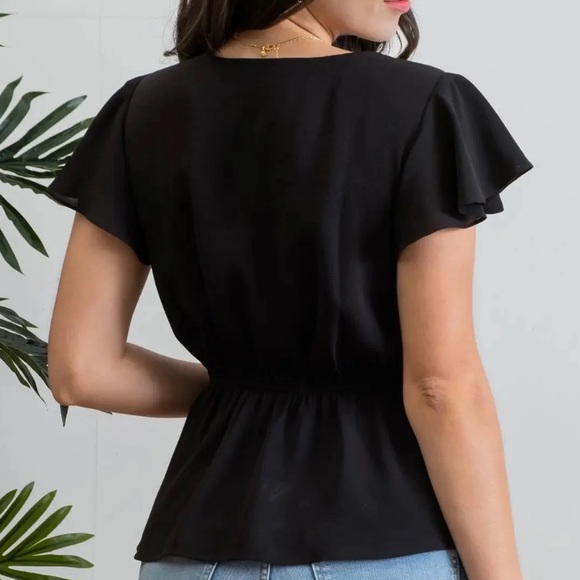Stylish Short Sleeve Black Scalloped Collar Trim Blouse Top w/ Drawstring Waist - Picture 4 of 11